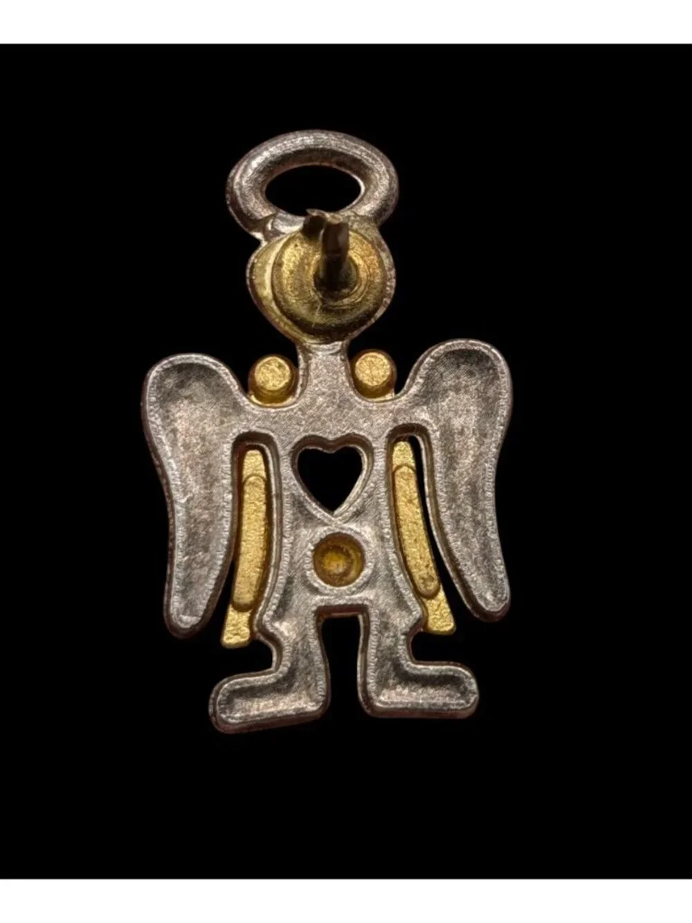 Vintage Guardian Angel Lapel Pin Silver Tone & Gold Heart Accent Cutout